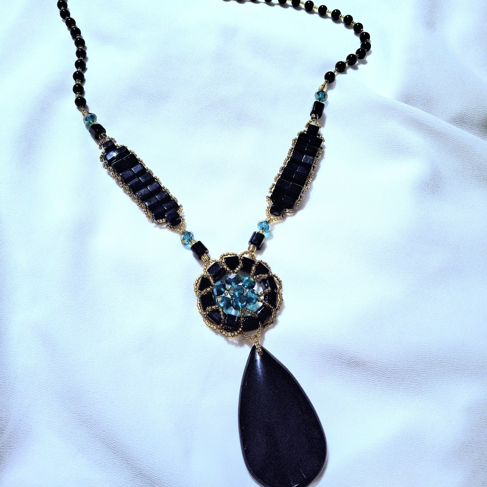 Vintage Handmade Black Stone Pendant & Bead Necklace With Gold & Turquoise Beads